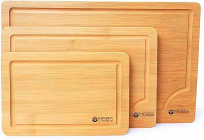 Bamboo Cutting Boards for Kitchen – Set of 3 Wooden Boards with Juice Grooves & Handles – Chopping Board Set for Meat, Veggies