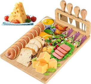 Bamboo Cheese Board and Knife Set - 14' x 11' Large Charcuterie Boards Set, Cheese Tray Platter Servers with Clasp Knife Holder, Gift for Anniversary