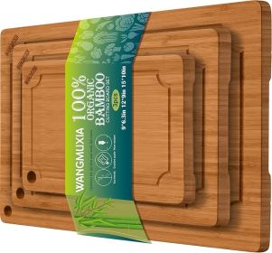 Durable Bamboo Cutting Boards for Kitchen – 3-Piece Set with Deep Juice Grooves, Carbonized Surface & Heavy-Duty Design, Perfect for Charcuterie, Meat