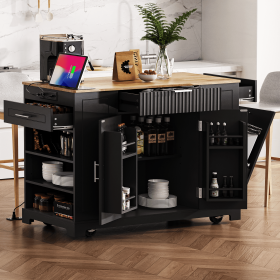 Fluted Kitchen Island with Trash Can Storage Cabinet, Power Outlet, Internal Storage Rack, Rolling Kitchen Islands on 5 Wheels with 3 Drawer (Color: black, Material: MDF,Rubber Wood)