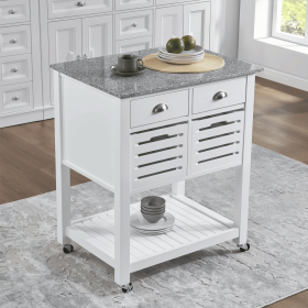 Mobile Rolling Kitchen Island Trolley Serving Cart with Underneath Drawer & Slide-Out Wire Storage Basket (Main Material: Wood, Main Color: White)